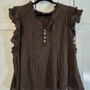 Quince Women's Organic Textured Cotton Ruffle Sleeveless Blouse Gray XL